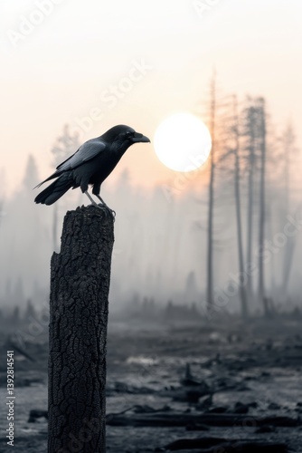 Obraz na płótnie A raven stands on a tree stump with background of the aftermath of wild fire devastation. w salonie