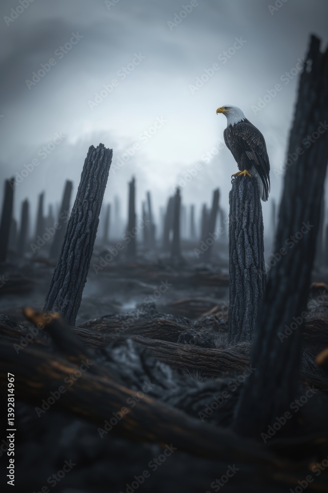 A bald eagle stands on a tree stump with background of the aftermath of wild fire devastation.