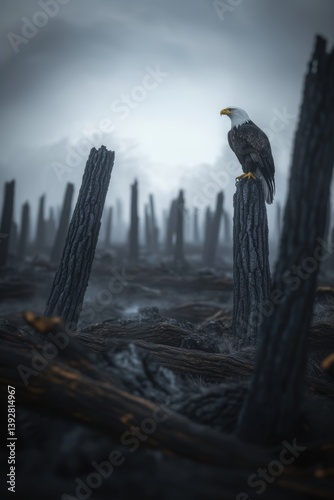 Obraz na płótnie A bald eagle stands on a tree stump with background of the aftermath of wild fire devastation. w salonie