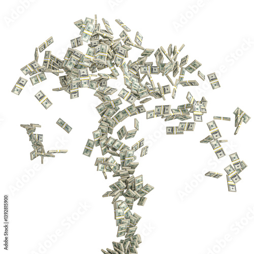 Tornado of money composed of us dollar bills is rotating against a transparent background
