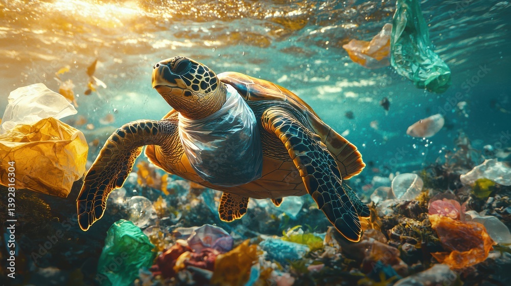 Sea turtle trapped in plastic bag. Human activities impact and threaten animal’s natural habitat.