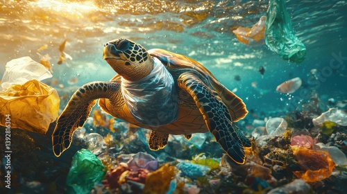 Sea turtle trapped in plastic bag. Human activities impact and threaten animal’s natural habitat.