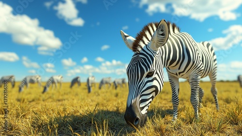A Single Zebra Grazing in the African Savanna Under a Blue Sky with Other Zebras in the Background