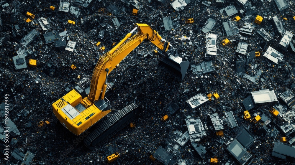 An excavator working on a huge mountain of electronic waste.