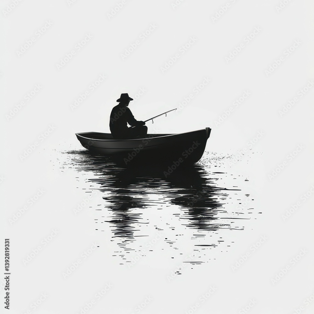 Silhouette of a fisherman in a small boat casting a line during early morning light on calm waters Silhouette of a fisherman in a small boat casting a line during early morning light on calm waters