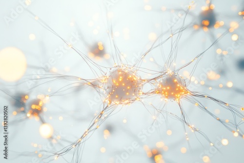 A close-up image of a network of interconnected neurons, with glowing synapses transmitting signals between them, against a white background