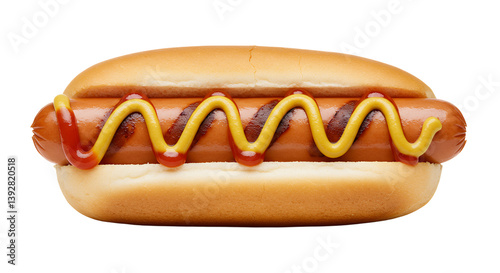 Grilled Hot Dog with Bun Mustard and Ketchup Against White Background