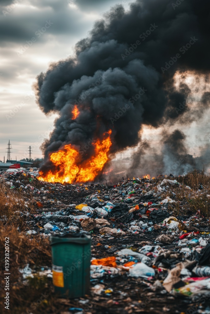 Fire flame burning in piles of garbage outdoors. environment pollution