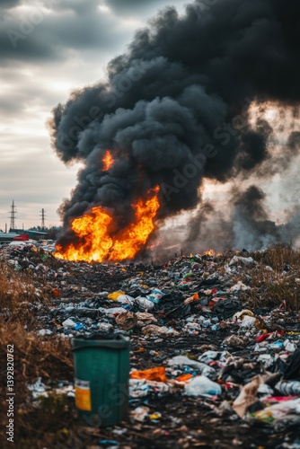 Obraz na płótnie Fire flame burning in piles of garbage outdoors. environment pollution w salonie