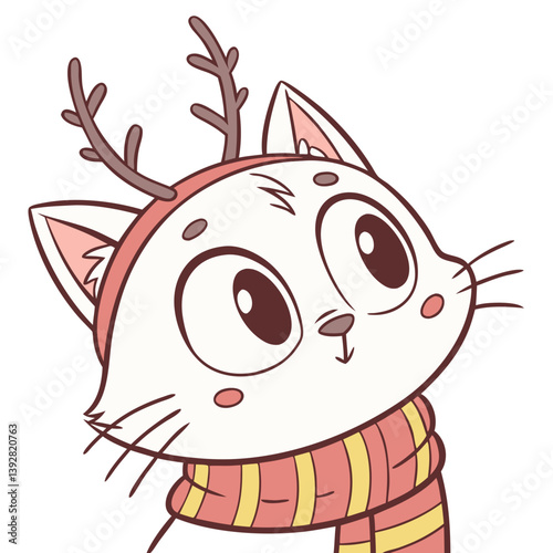A charming cat adorned with playful deer antlers and a warm scarf gazes upward, exuding charm and curiosity. The cozy setting enhances its delightful appearance