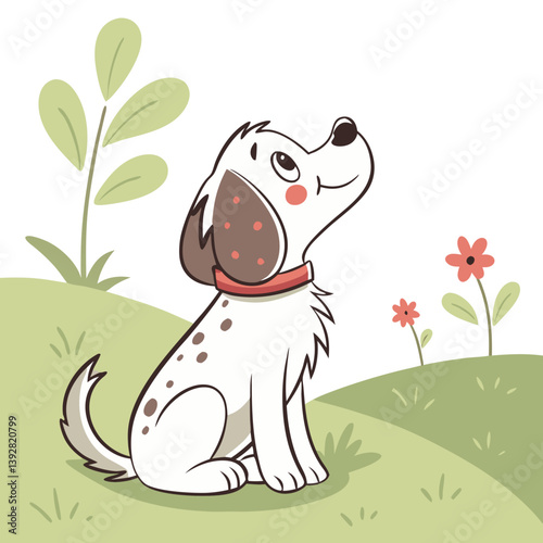 A charming dog sits happily in a vibrant meadow filled with flowers and lush grass. Its playful demeanor shines as it looks up, radiating joy and warmth under the sun
