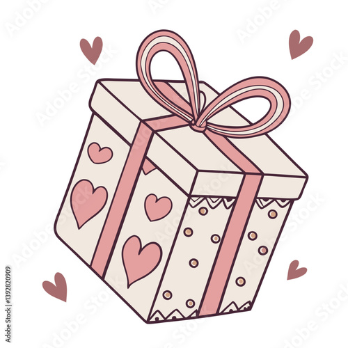 A delightful gift box adorned with hearts and a pretty ribbon sits playfully against a light background, perfect for surprises and celebrations, adding charm to any festive moment