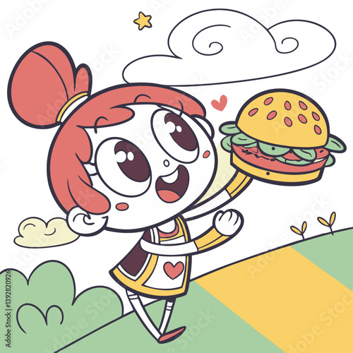 A cheerful girl with red hair joyfully holds up a colorful burger, smiling as she walks along a grassy path under a clear sky filled with a few fluffy clouds
