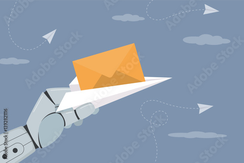 Modern robot hand sending or receiving letters. Email messages, notifications. Artificial intelligence technology. Chat bot arm sending paper plane with yellow envelope,