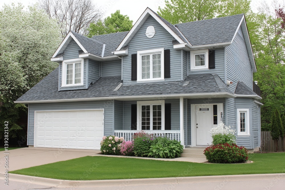 A realistic photo of a modern suburban home with a green lawn and clean architectural lines A realistic photo of a modern suburban home with a green lawn and clean architectural lines