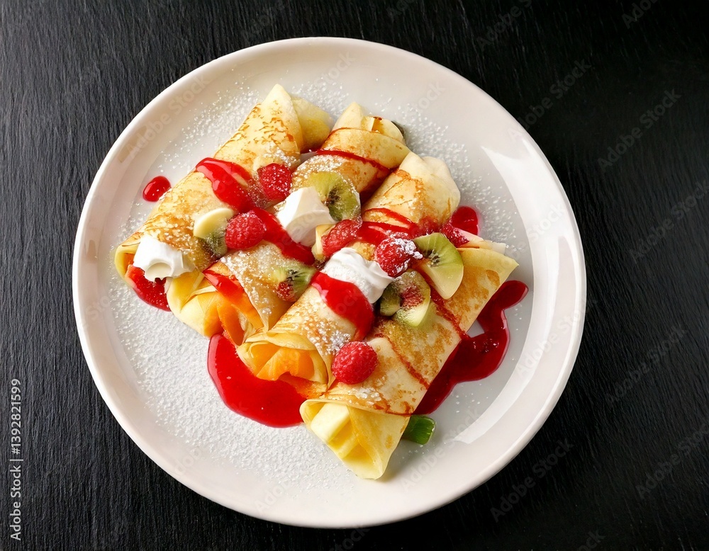 Thin crepes filled with fresh fruit slices and whipped cream, rolled and topped with raspberry sauce, neatly arranged on a white ceramic plate Thin crepes filled with fresh fruit slices and whipped cream, rolled and topped with raspberry sauce, neatly arranged on a white ceramic plate