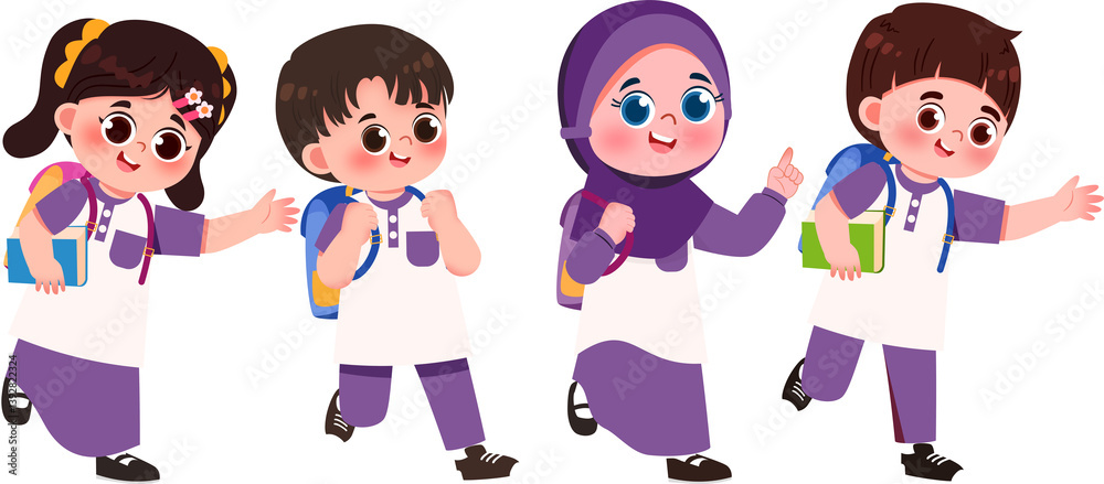 Joyful Children in Purple Uniforms Walking to School Joyful Children in Purple Uniforms Walking to School