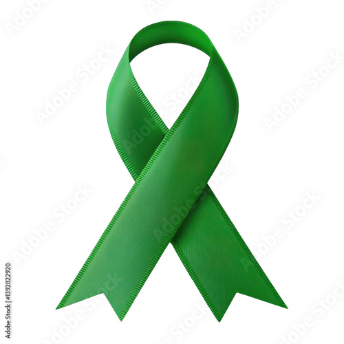 Green awareness ribbon, symbolizing mental health support, simple design on white background, ideal for campaigns and initiatives. Isolated on white background or PNG photo