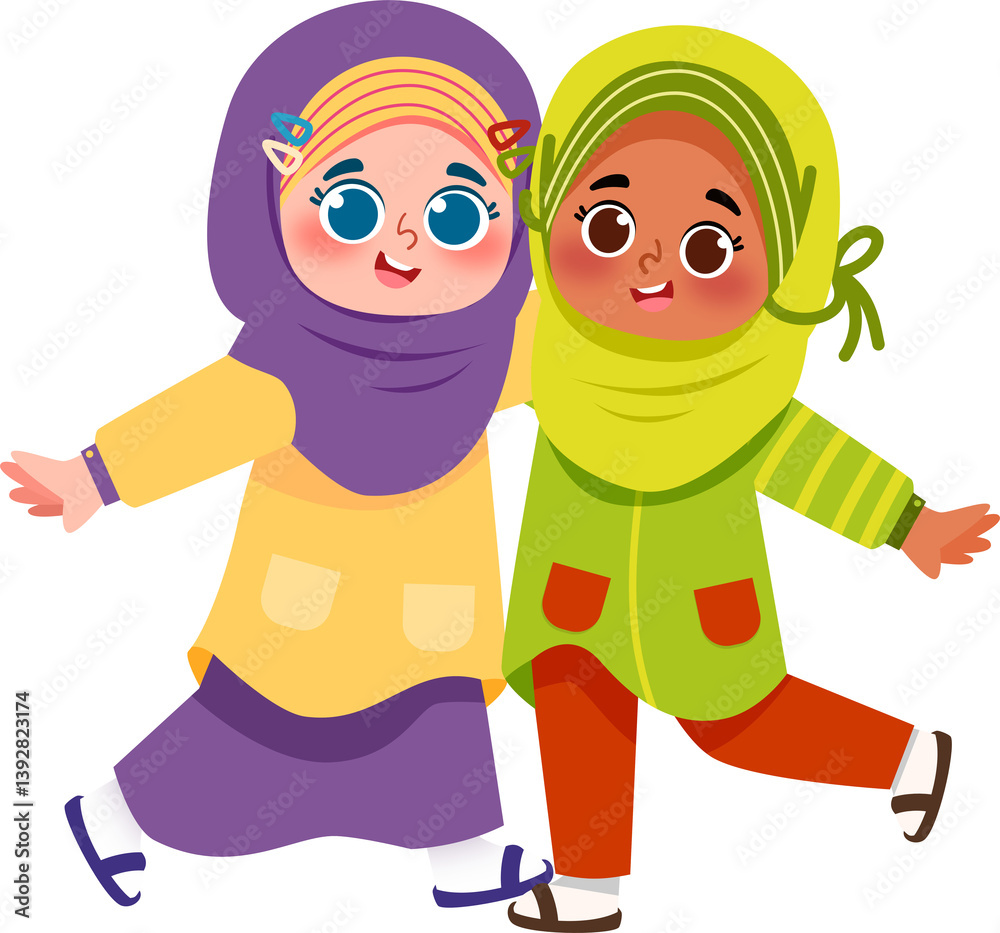 Joyful Muslim Girls Ice Skating, Colorful Hijabs, Friendship Illustration Joyful Muslim Girls Ice Skating, Colorful Hijabs, Friendship Illustration