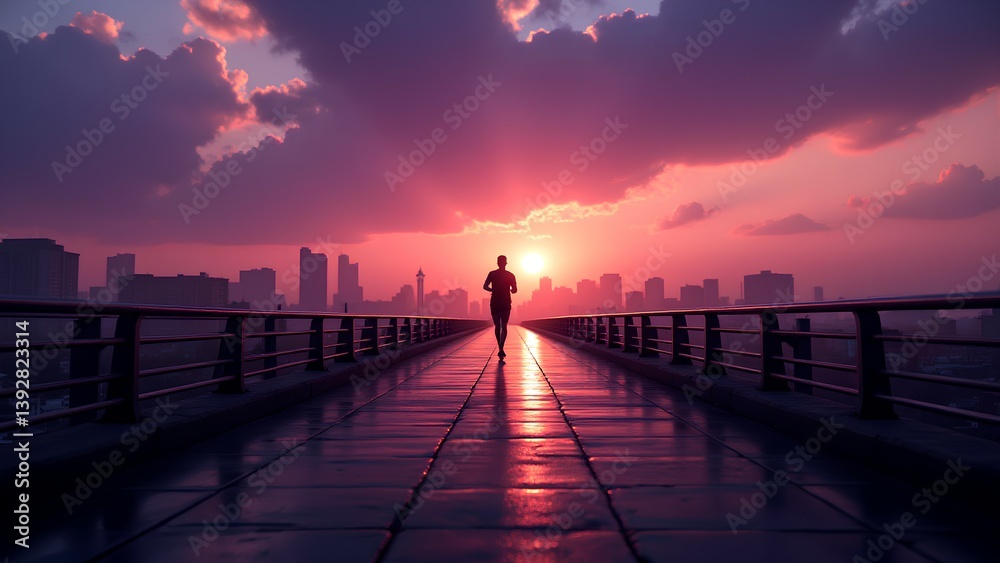 Fototapeta premium A silhouetted figure jogs along a pathway at sunset, surrounded by a vibrant sky and a city skyline.