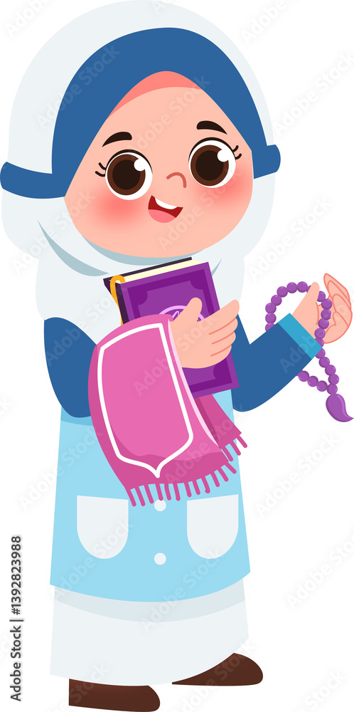 Joyful Young Girl in Hijab with Prayer Beads and Book Joyful Young Girl in Hijab with Prayer Beads and Book