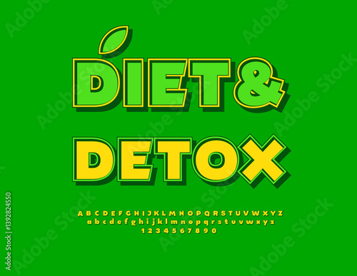 Vector Healthy concept Diet and Detox. Bright Retro style Font. Classic Digital Alphabet Letters and Numbers set.	