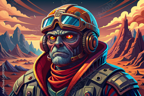 Jet Pilot portrait on mysterious land of the galaxy under a strange colored sky, game banner
