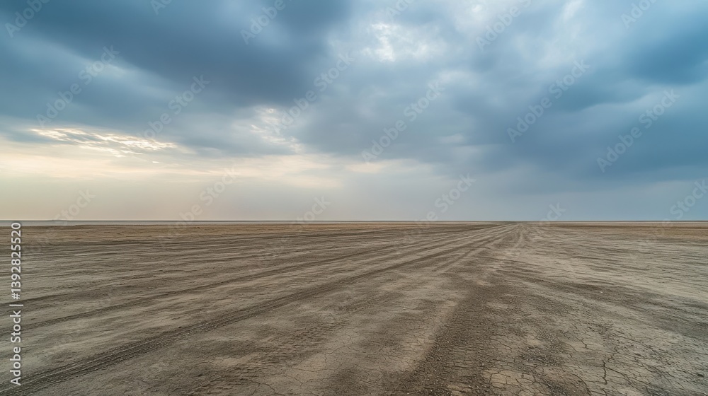 Naklejka premium Expansive barren landscape at dusk with dramatic clouds and distant horizon