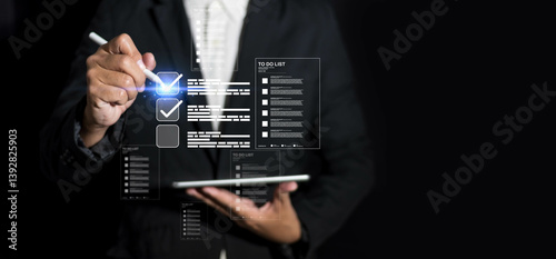 Business quality control using checklist form, client mark on questionnaire, document review, service evaluation, survey response, choice selection, and performance check.