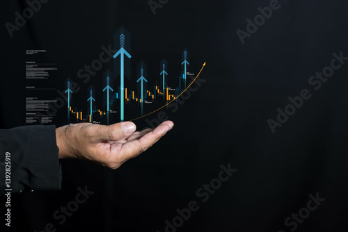 Holographic business chart shows upward financial trend, asset investment performance, global economy analysis, and virtual data visualization for finance growth.