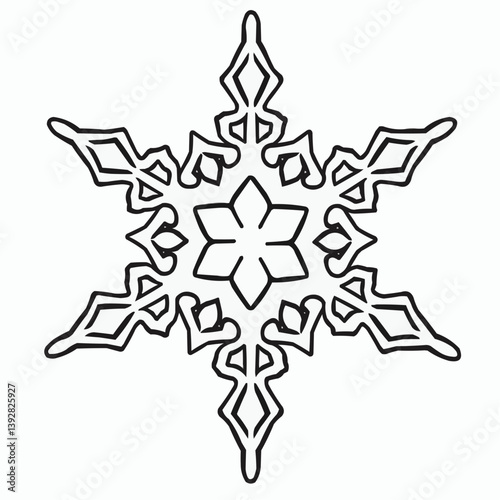 Ornamental snowflake design in black and white on a light background  