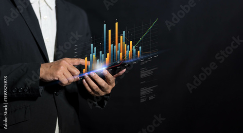 Financial graph analysis highlights global business growth, asset investment trend, economic performance metrics, digital chart data, up arrow market direction.