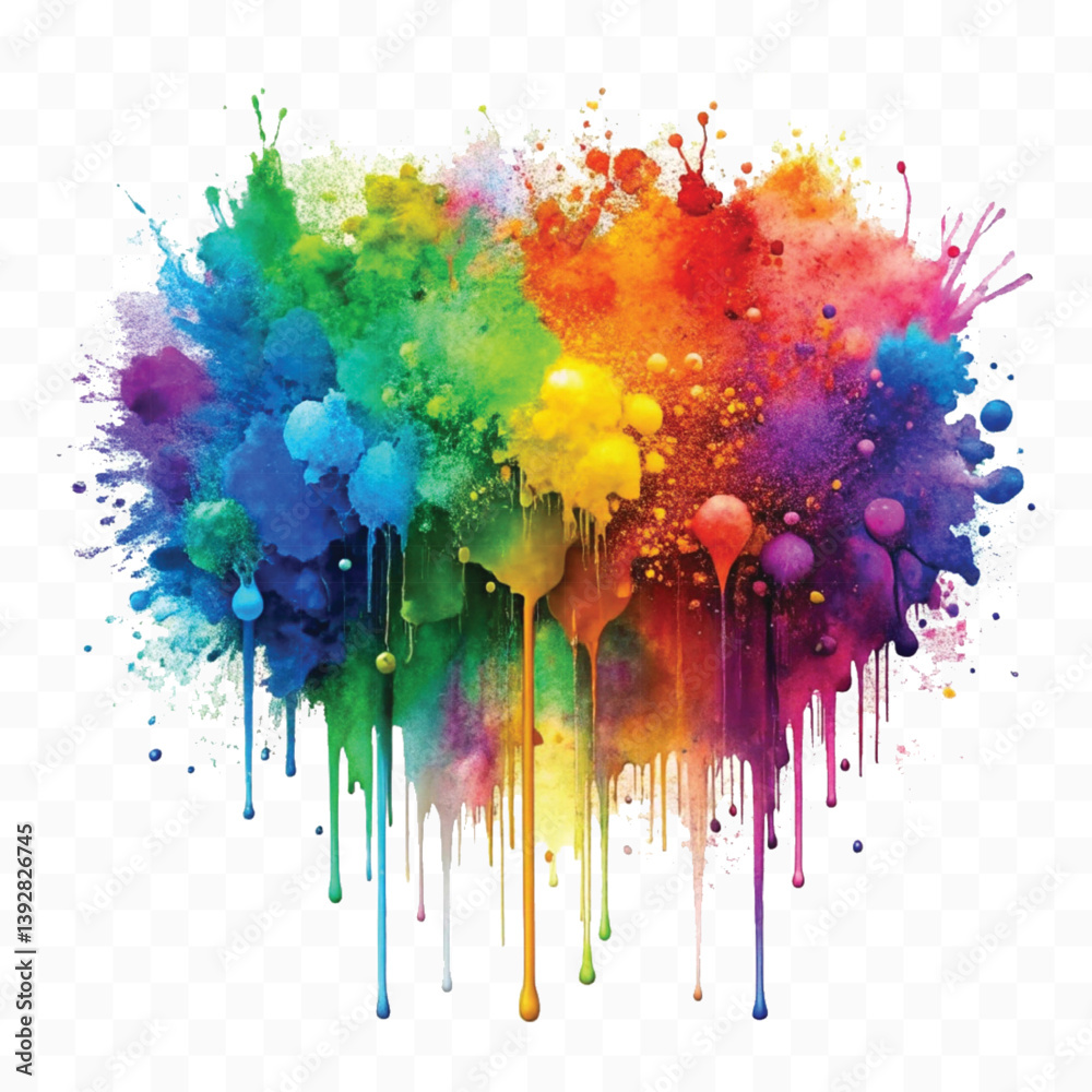 vibrant holi splash splatter dripping down isolated on transparent white background