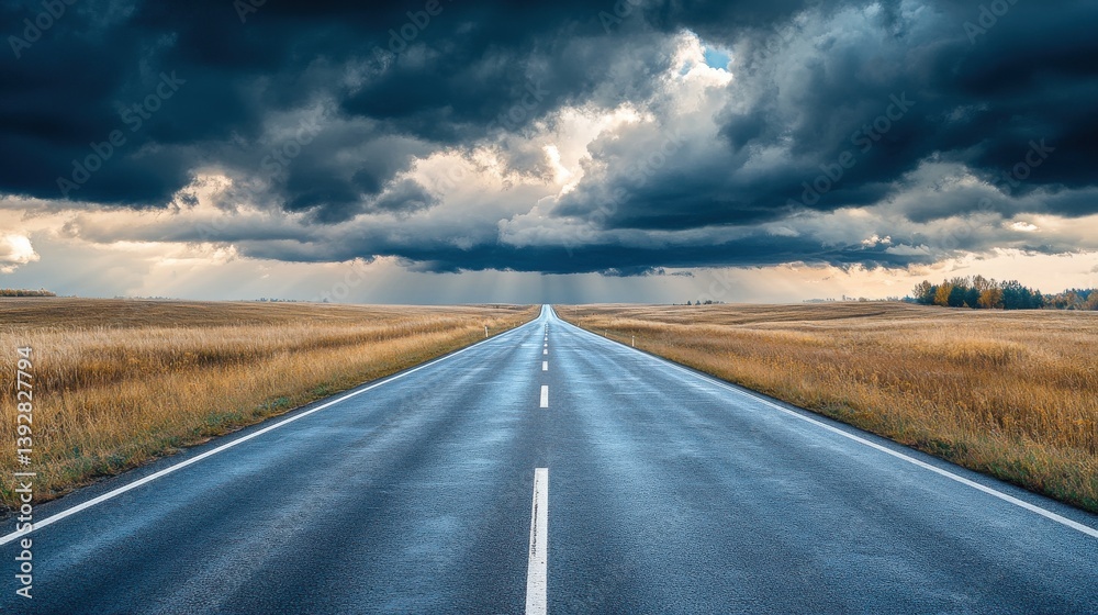 Naklejka premium Serene highway stretching through golden fields under dramatic stormy skies