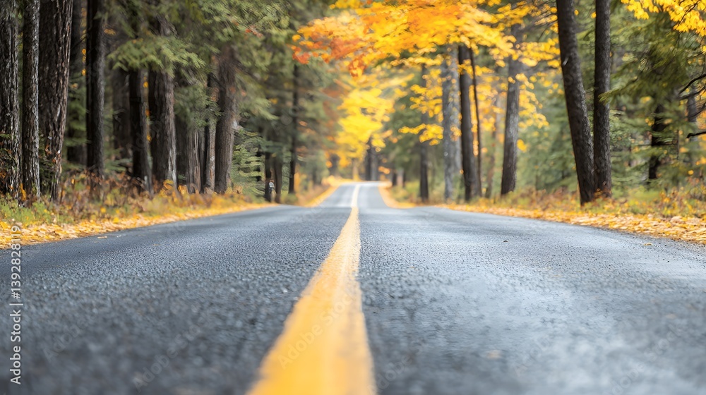Serene Autumn Road Surrounded by Colorful Trees and Golden Leaves in the Forest Serene Autumn Road Surrounded by Colorful Trees and Golden Leaves in the Forest