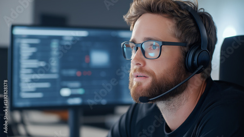 Technology support specialist wearing glasses and a headset, actively engaged in a customer call. A computer screen with program code is visible in the background.