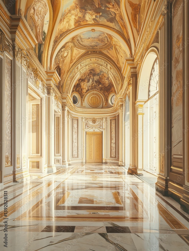 Fototapeta premium Ornate building interior with columns arched ceiling and marble floor.