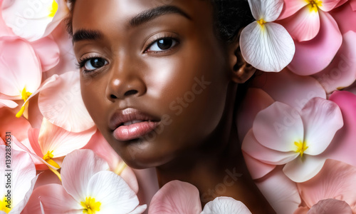 AI generated image of a close-up of a Black woman with glowing skin and soft plumeria petals around her. A celebration of natural beauty and radiant elegance.