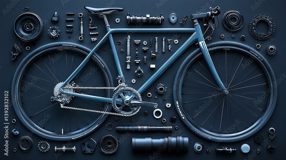 Fototapeta premium Arrangement of a blue bicycle with its dispersed spare parts on dark background