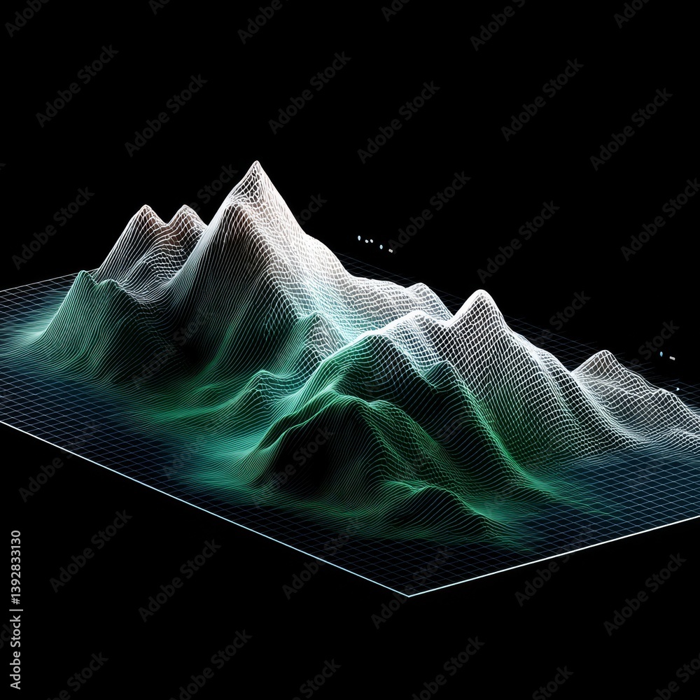 Abstract Landscape: A digital topography of mountains rendered with wireframe mesh against a dark backdrop.