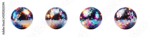 Set of Shiny disco balls with colorful reflections, isolated over on transparent white background