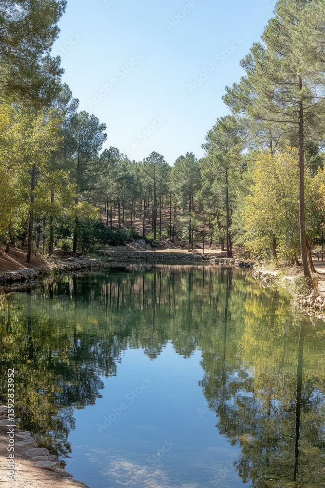 Fototapeta premium Serene forest lake reflecting pines