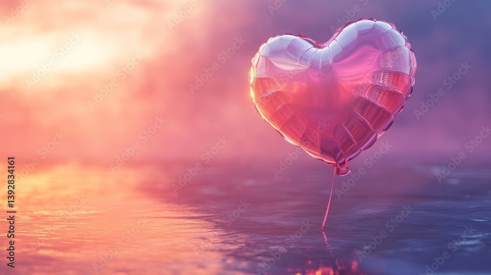 Fototapeta premium Pink heart-shaped balloon floats on calm water at sunrise.