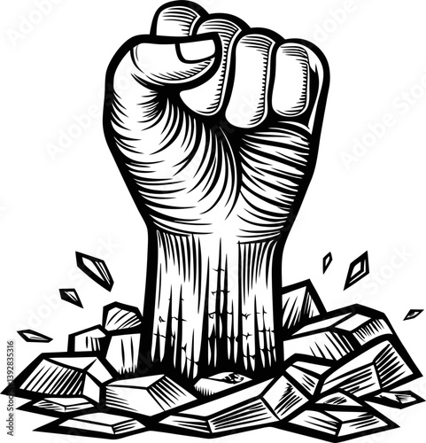 strength and power concept raised fist breaking through shattered ground in bold black and white illustration