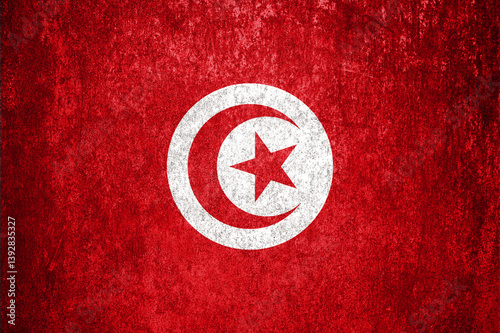 Tunisia State Flag. Dirty Tunisia flag on metal surface.