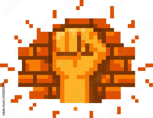 Pixelated fist breaking through brick wall symbolizing strength and power
