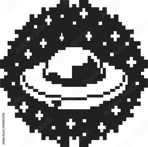 Pixel art ufo in starry space retro digital alien spacecraft illustration in black and white