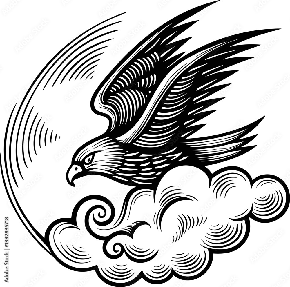 Artistic eagle soars above clouds in black and white illustration Artistic eagle soars above clouds in black and white illustration