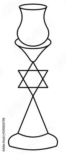 Candlestick on a high stand. The candle form is decorated with the Star of David. Sketch. Vector illustration. Outline on an isolated background. Coloring for children. Religious attribute for a wax