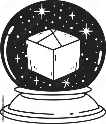 Mystical cube in snow globe, surreal black and white stars universe